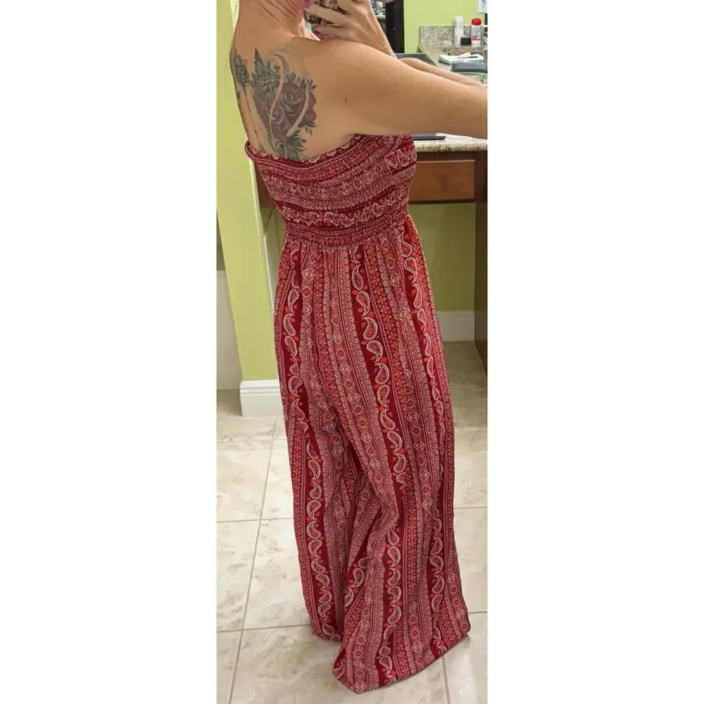 Boho Red Paisley print strapless wide leg large jumpsuit hippie resort vacation - Picture 8 of 9